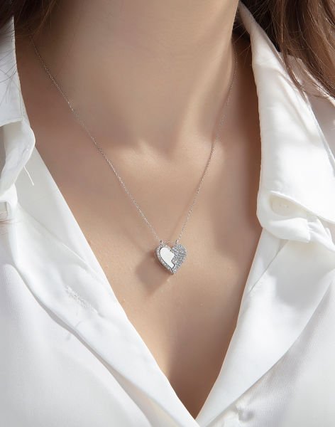 Gümüş Kalp Modeli Mıknatıslı Kolye Rodyum Kaplama