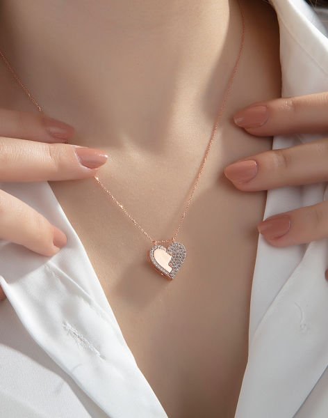 Gümüş Kalp Modeli Mıknatıslı Kolye Rose Kaplama