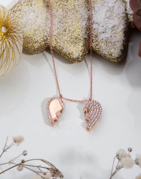 Gümüş Kalp Modeli Mıknatıslı Kolye Rose Kaplama