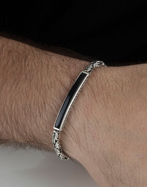 Oniks Taşlı Gümüş Kral Zincir Erkek Bilekliği