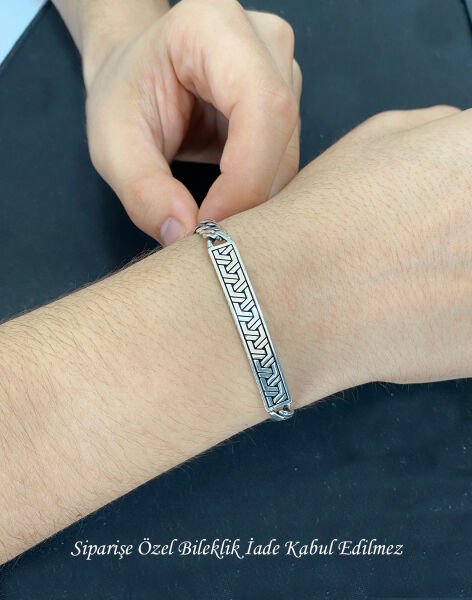 İşlemeli Sütun Gümüş Erkek Bilekliği