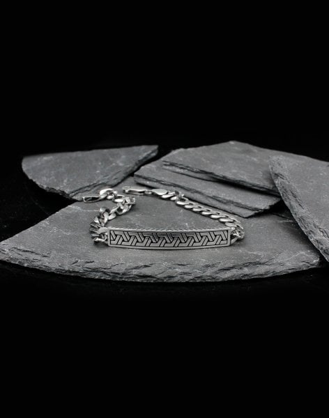 İşlemeli Sütun Gümüş Erkek Bilekliği