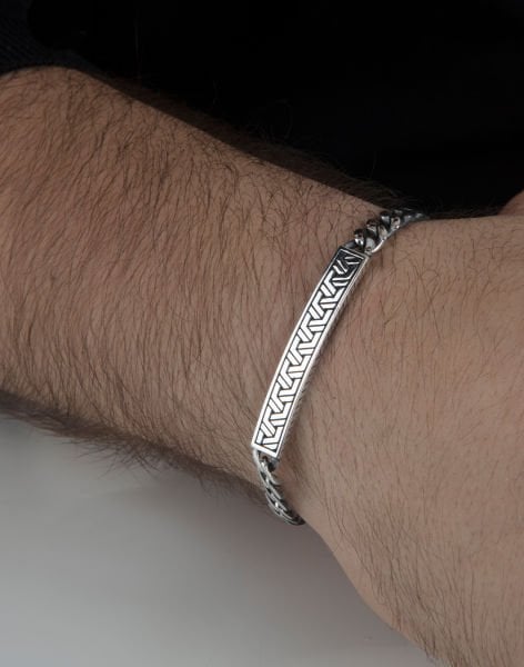 İşlemeli Sütun Gümüş Erkek Bilekliği