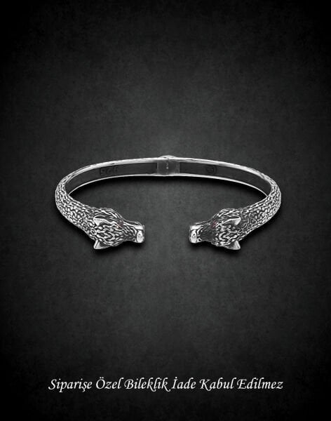 Özel Tasarım Yaylı Gümüş Kurt Erkek Bilekliği