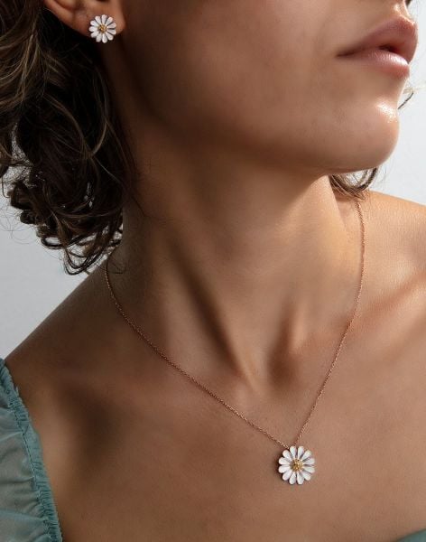 Mineli Gümüş Papatya Kolye ve Küpe Kombin