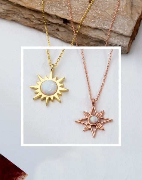 Opal Taşlı Gümüş Güneş Kolye