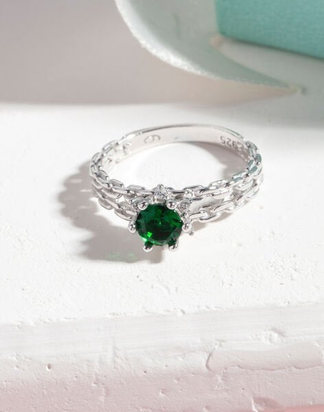 925 Ayar Zümrüt Rengi Zincir Modeli Gümüş Yüzük