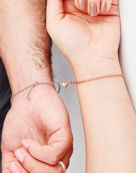 925 Ayar Gümüş Mıknatıslı Kalplerin Birleşimi Sevgililer Günü Bilekliği Rose Kaplama