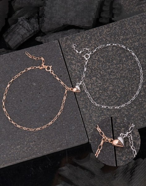 925 Ayar Gümüş Mıknatıslı Kalplerin Birleşimi Sevgililer Günü Bilekliği Rose Kaplama