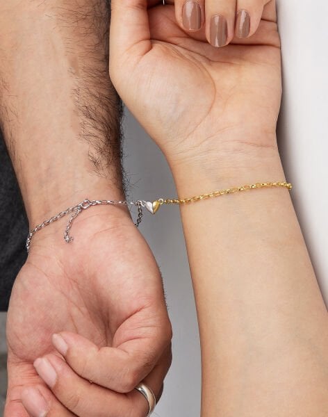 925 Ayar Gümüş Mıknatıslı Kalplerin Birleşimi Sevgililer Günü Bilekliği 14 Ayar Altın Kaplama