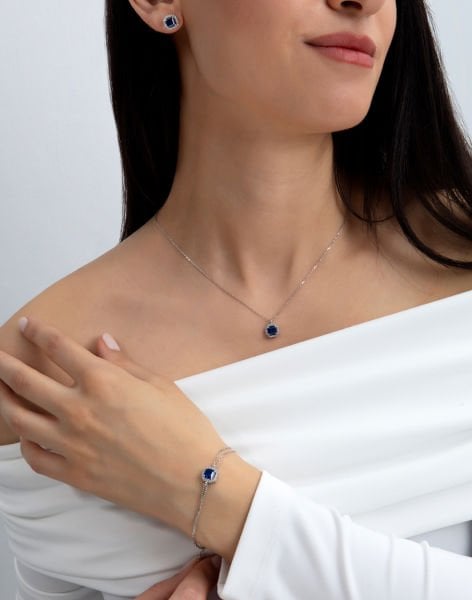 925 Ayar Kare Baget Taşlı Gümüş Takı Seti LACİVERT