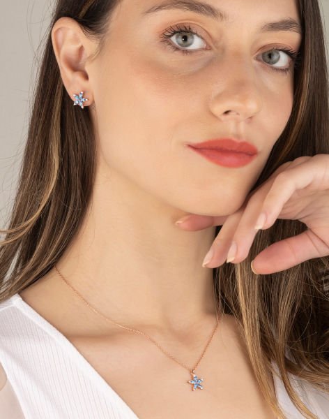 Damla Taşlı Beni Unutma Çiçeği Gümüş Takı Seti MAVİ - Rose Kaplama