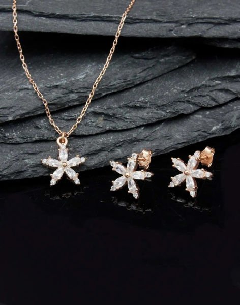 Damla Taşlı Beni Unutma Çiçeği Gümüş Takı Seti BEYAZ - Rose Kaplama