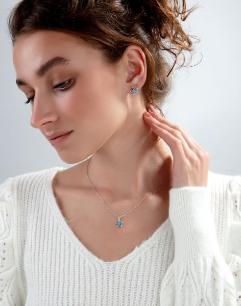 Damla Taşlı Beni Unutma Çiçeği Gümüş Takı Seti Rodyum Kaplama - MAVİ