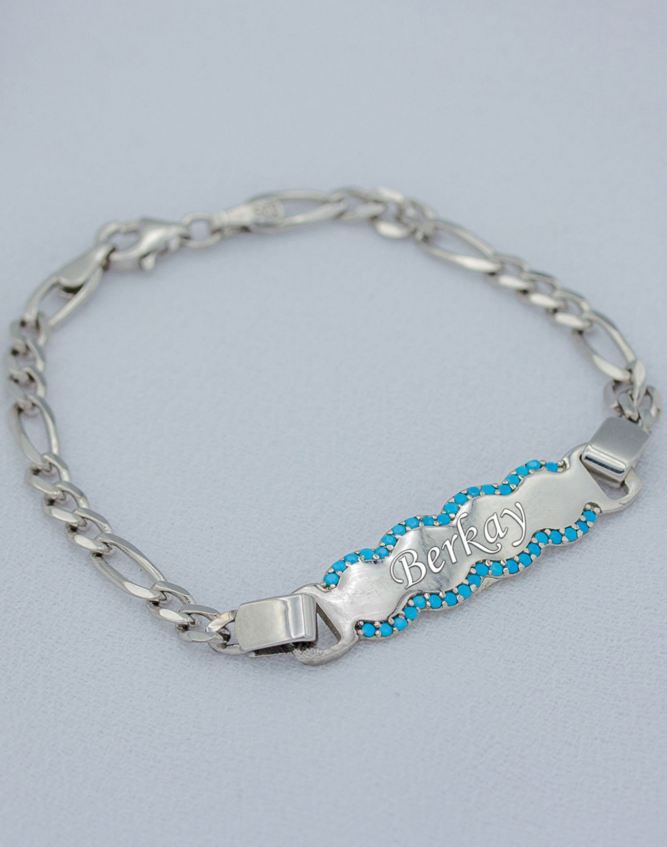 925 Ayar Gümüş Zirkon Taşlı İsimli Çocuk Künyesi Figaro Zincir