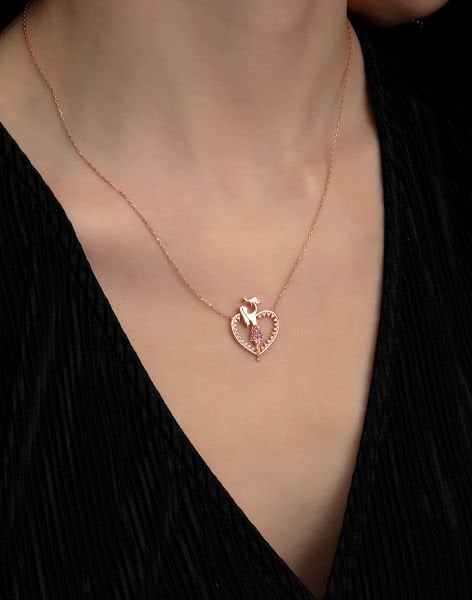 925 Ayar Gümüş  Anne Çocuk Sevgisi Kolye PEMBE