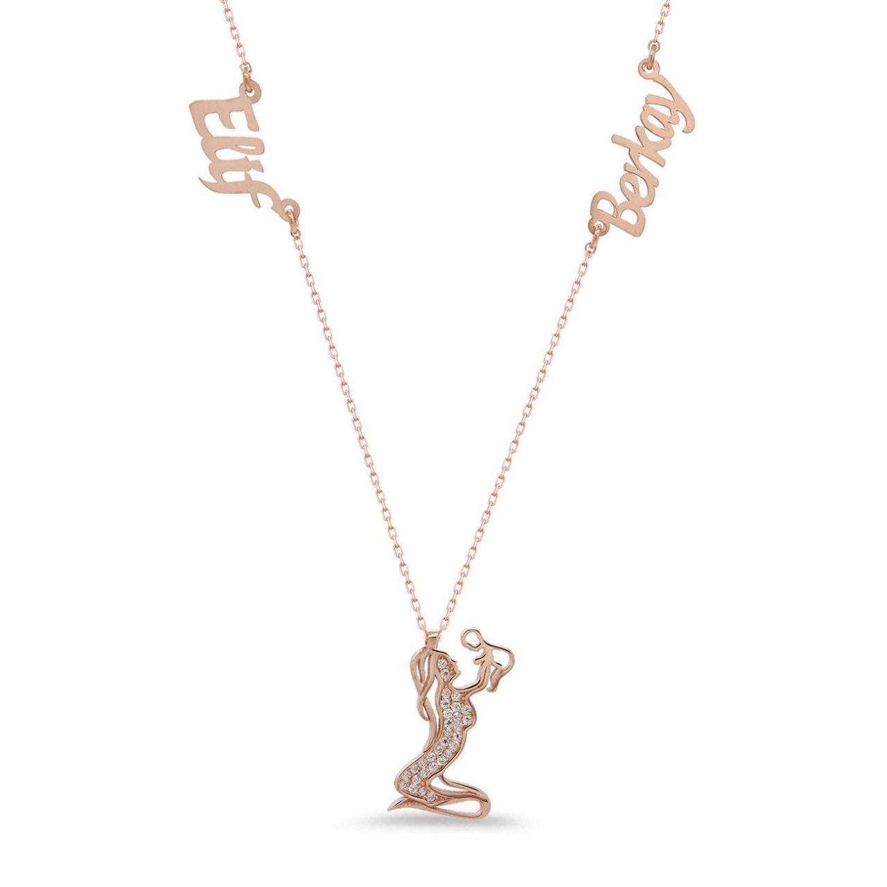 İki İsimli Gümüş Anne Bebek Kolye