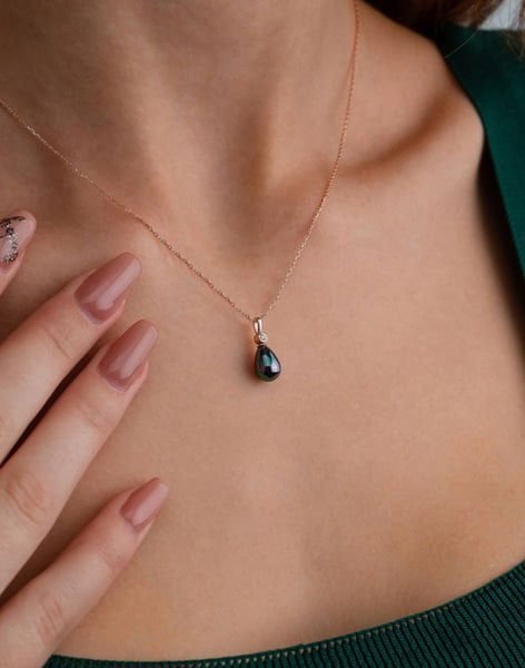 925 Ayar Gümüş Siyah Damla İnci Kolye