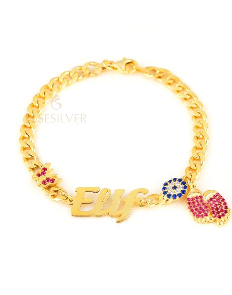 Kişiye Özel Pembe Kelebek Nazar Ayak Sallantılı Gümüş Bileklik