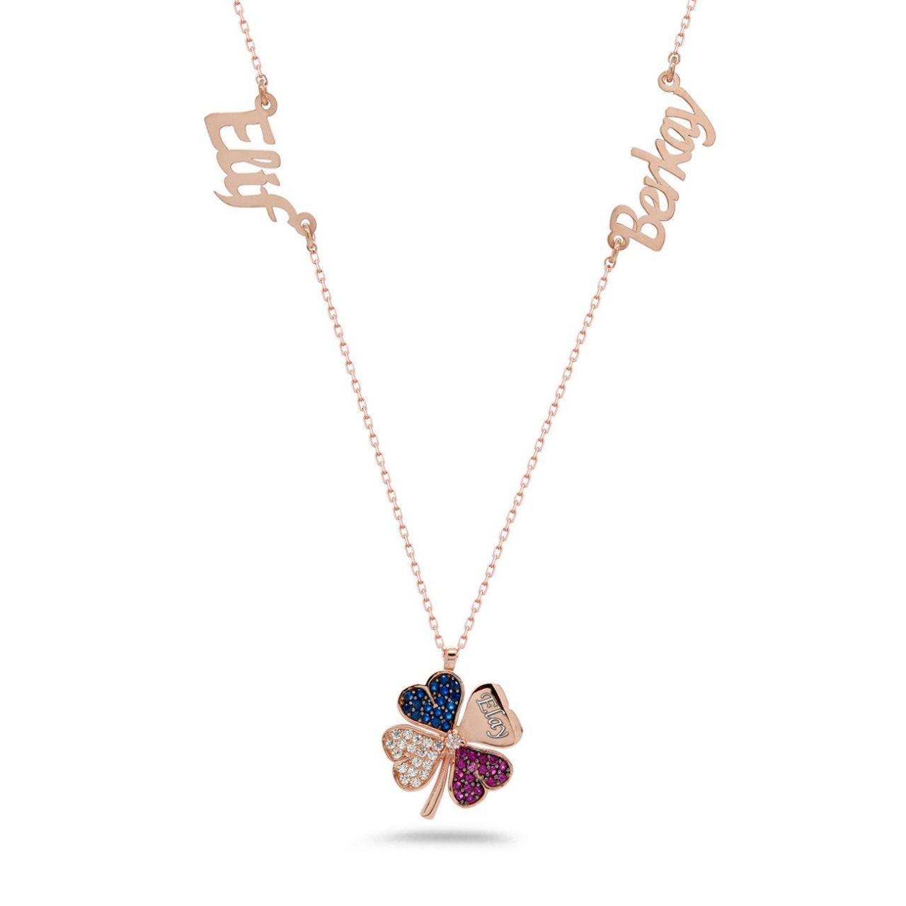 İki İsimli Renkli Gümüş Yonca Kolye