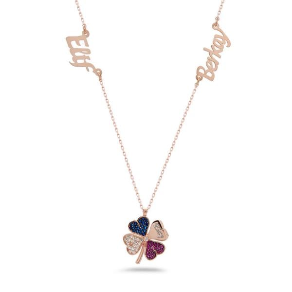 İki İsimli Renkli Gümüş Yonca Kolye