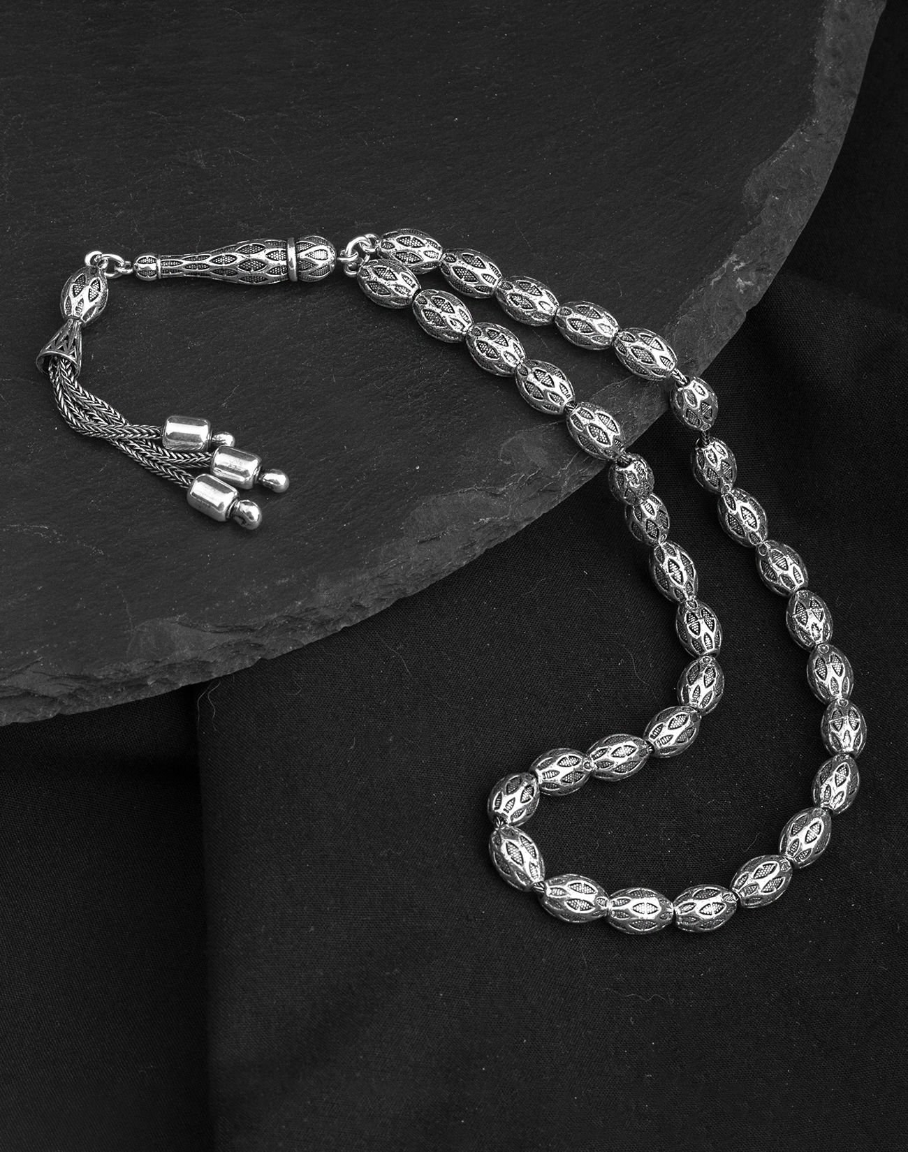 925 Ayar Yumurta kesim İşlemeli Gümüş Tesbih