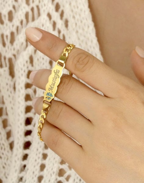 925 Ayar Gümüş Gurmet Zincirli Mavi Ayak İsimli Çocuk Künyesi