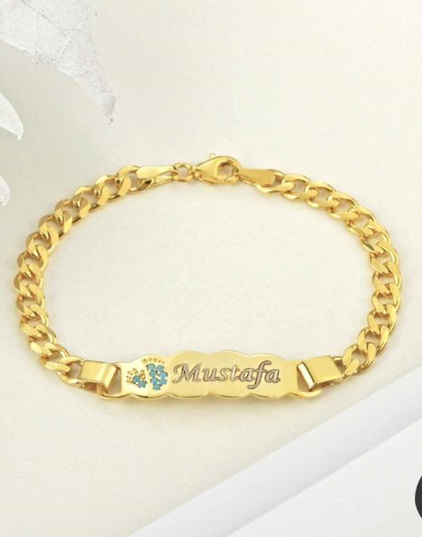 925 Ayar Gümüş Gurmet Zincirli Mavi Ayak İsimli Çocuk Künyesi