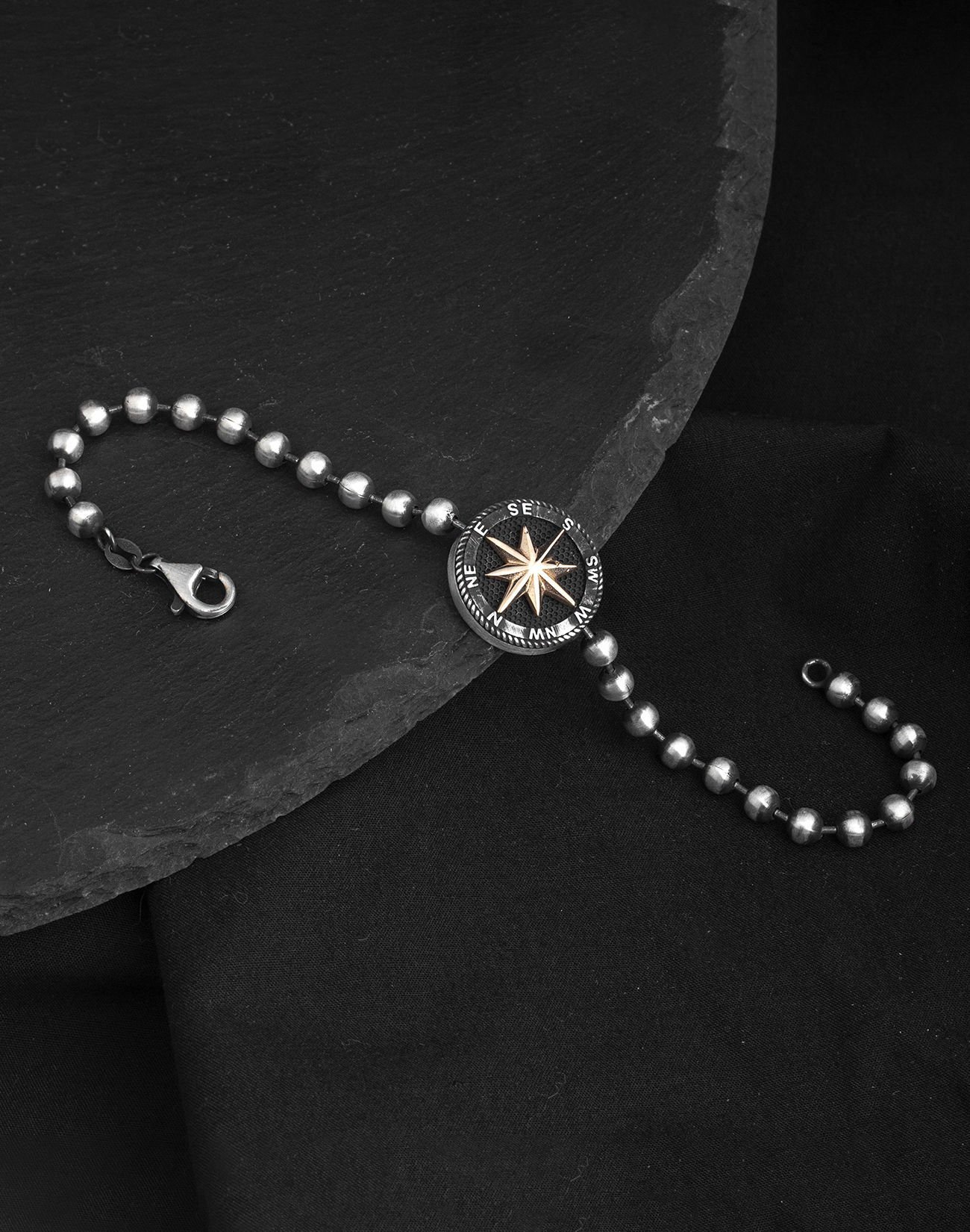 925 Ayar Top Zincirli Pusula Gümüş Erkek Bileklik