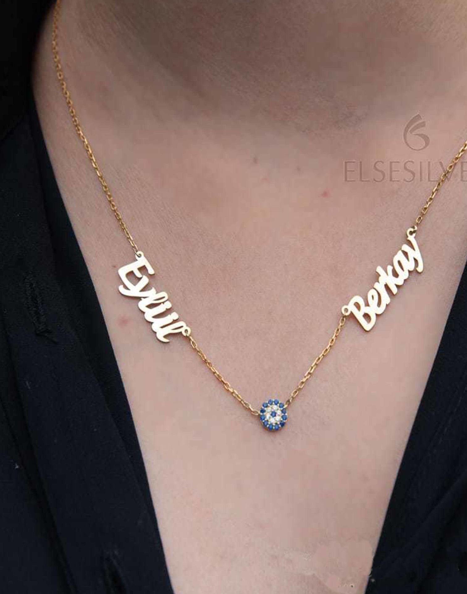 Kişiye Özel İki İsimli Nazarlı Gümüş Kolye