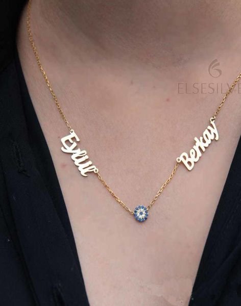 Kişiye Özel İki İsimli Nazarlı Gümüş Kolye