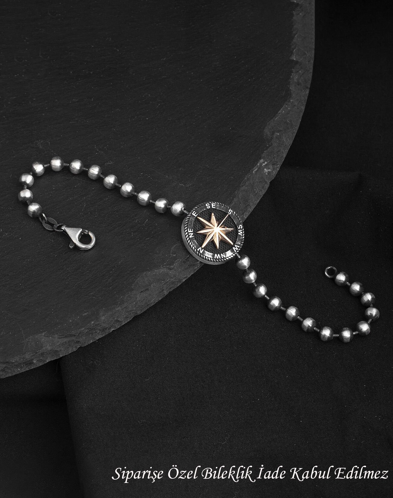 925 Ayar Top Zincirli Pusula Gümüş Erkek Bileklik