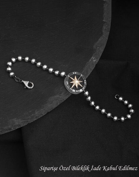 925 Ayar Top Zincirli Pusula Gümüş Erkek Bileklik