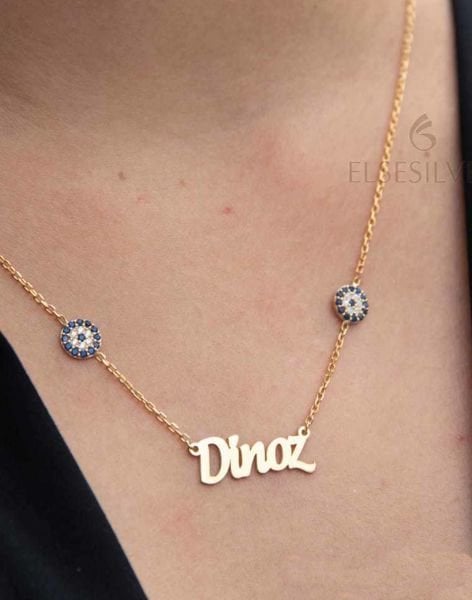 Kişiye Özel Tek İsimli Çift Nazarlı Gümüş Kolye