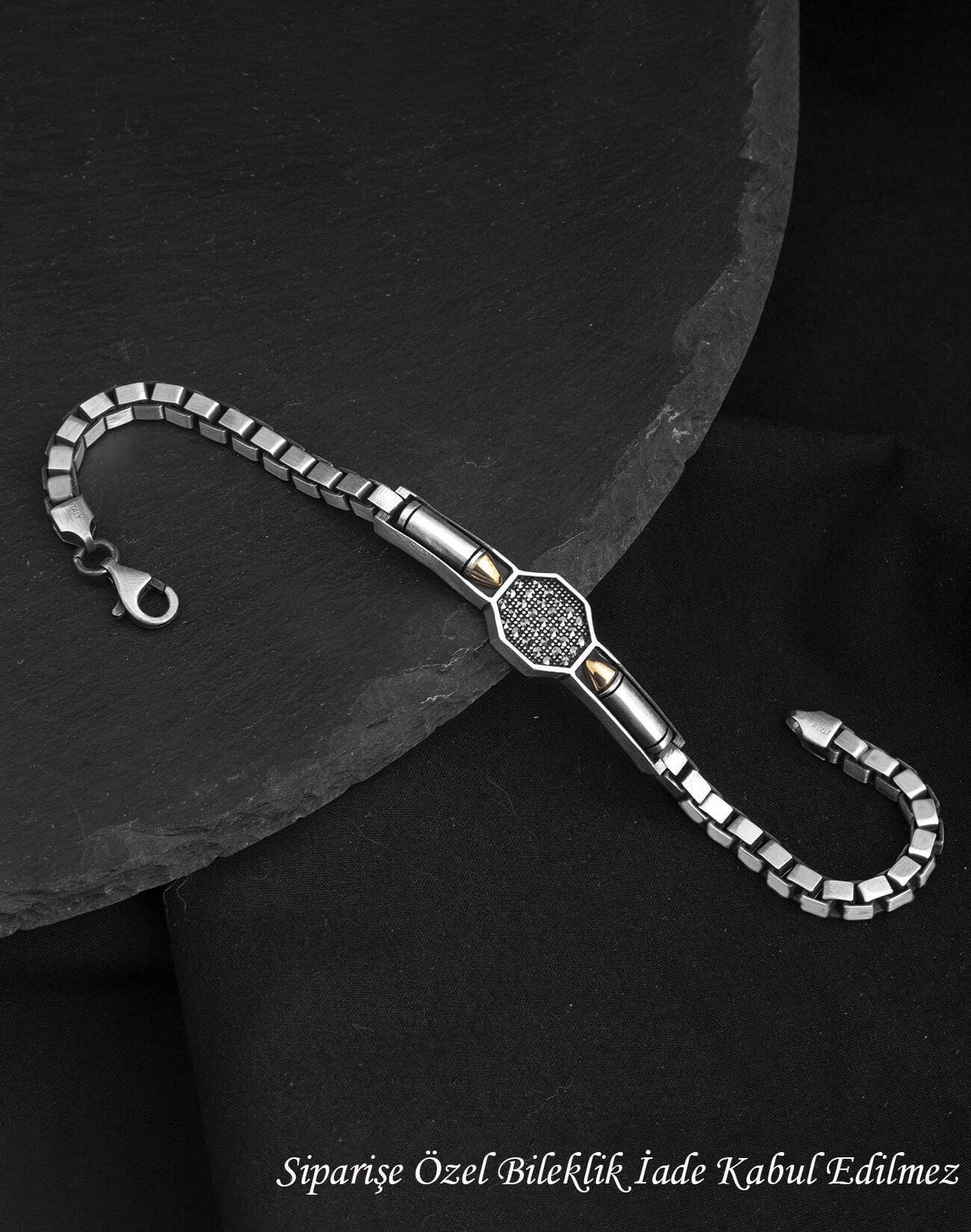 925 Ayar Küp Zincir Markazit Taşlı Kurşun Gümüş Erkek Bileklik