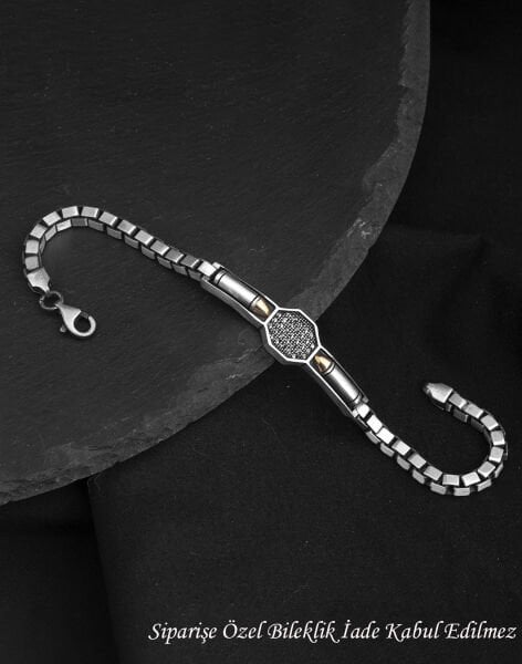 925 Ayar Küp Zincir Markazit Taşlı Kurşun Gümüş Erkek Bileklik