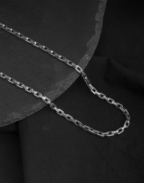 925 Ayar İşlemeli Kare Gümüş Erkek Zincir Kolye