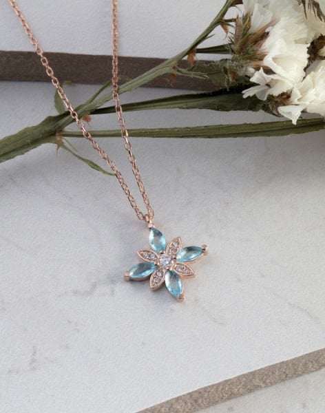 Özel Tasarım Umut Çiçeği Gümüş Kolye MAVİ