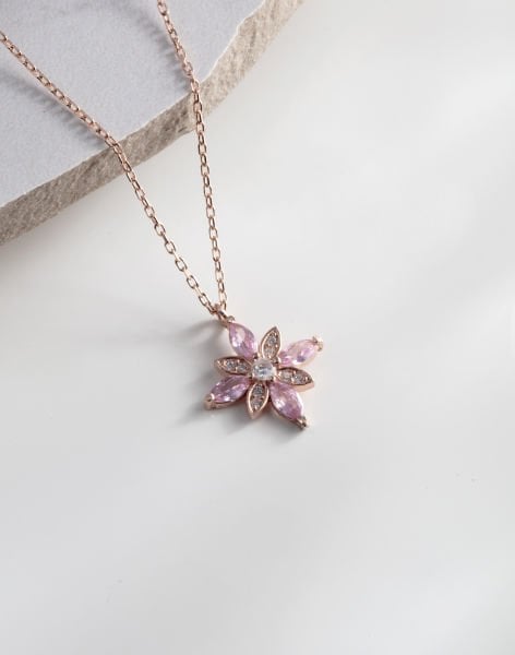 Özel Tasarım Umut Çiçeği Gümüş Kolye PEMBE