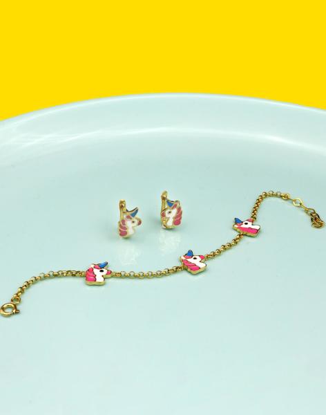 Özel Tasarım Çocuk Mineli Tek Boynuzlu At Küpe Bileklik Set