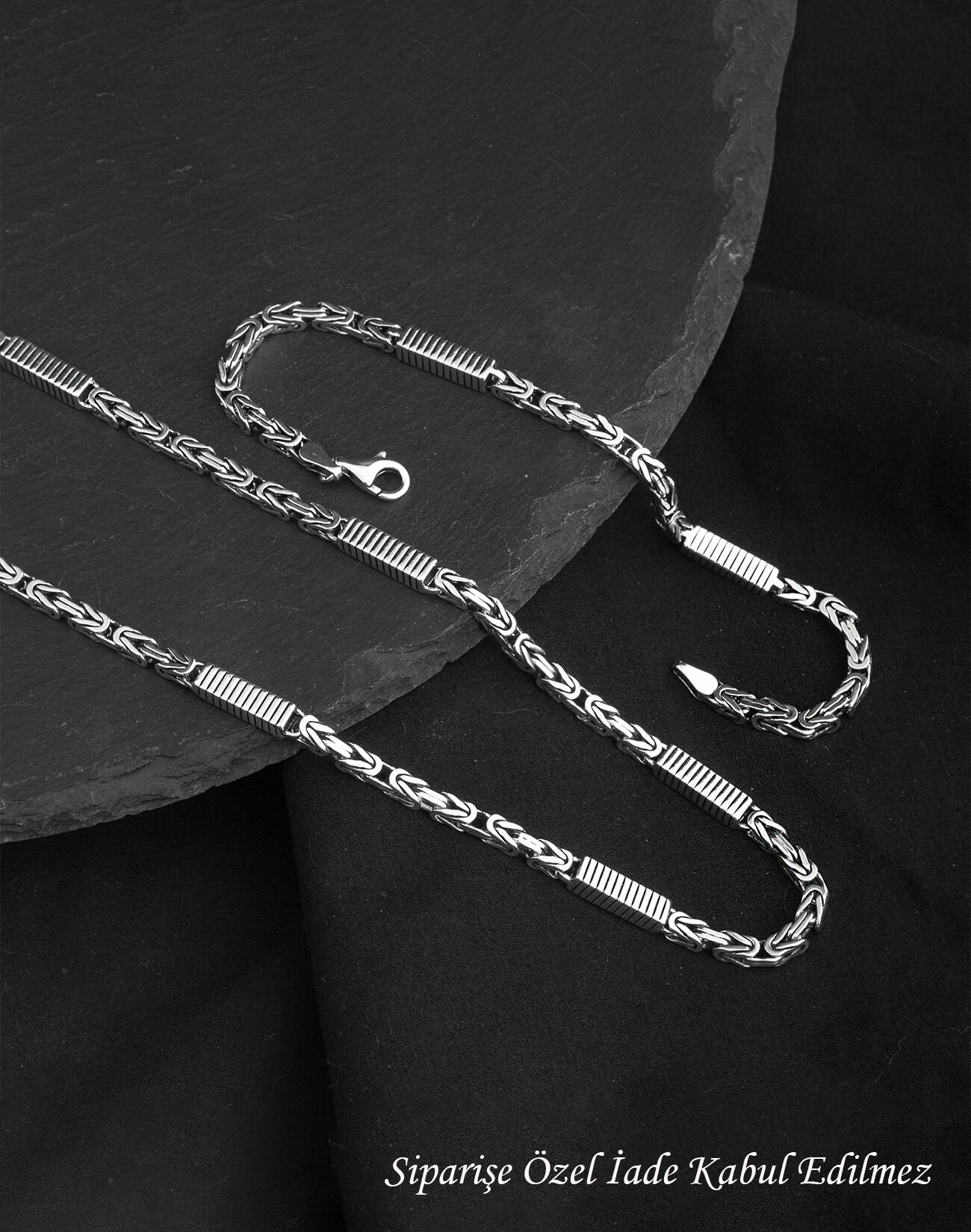 925 Ayar Kare Parçalı Gümüş Erkek Kral Zincir Kolye ve Bileklik Kombin