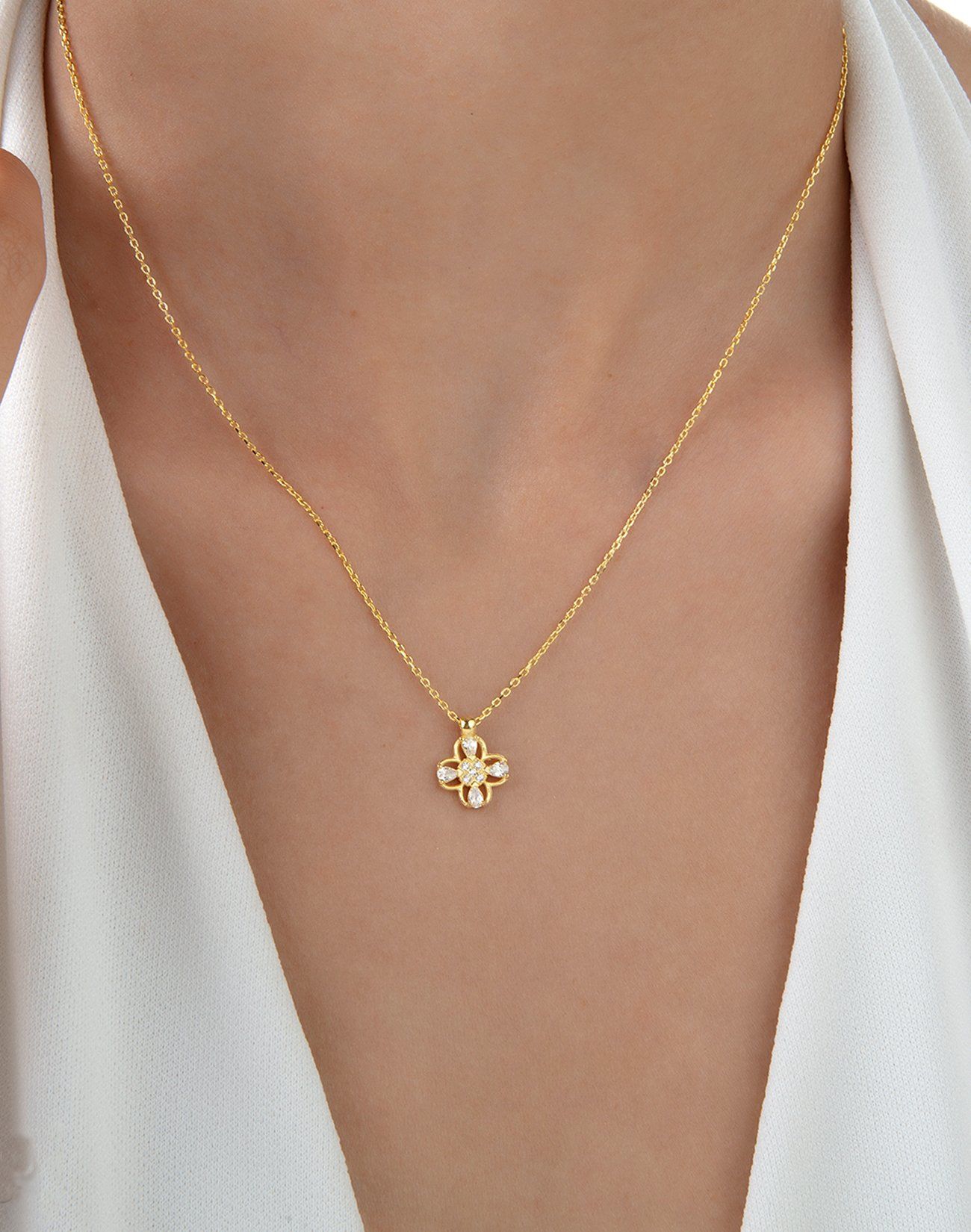 Dört Yapraklı Yonca Gümüş Kolye 14 Ayar Altın Kaplama