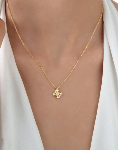 Dört Yapraklı Yonca Gümüş Kolye 14 Ayar Altın Kaplama