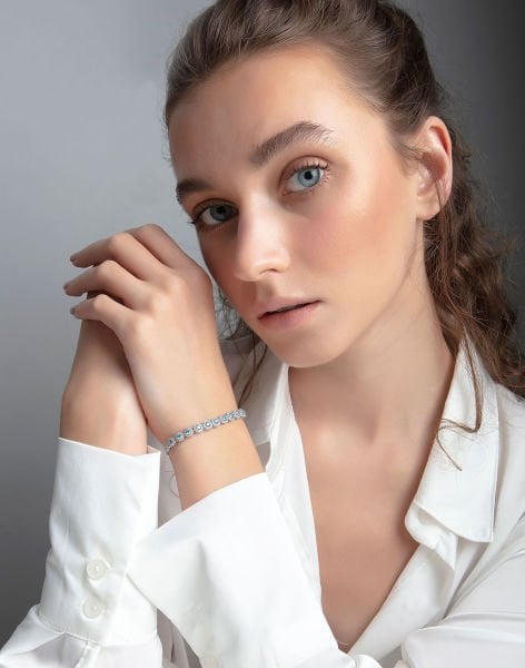 Aquamarin Taşlı Pırlanta Modeli Gümüş Asansörlü Bayan Bilekliği