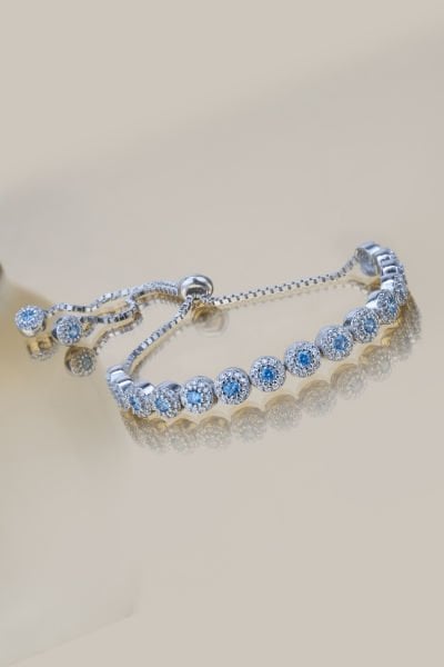 Aquamarin Taşlı Pırlanta Modeli Gümüş Asansörlü Bayan Bilekliği