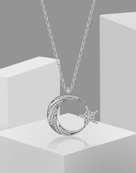 Zarif Tasarımlı Kaz Ayağı Elmas Modeli Ay Yıldız Kolye Rodyum Kaplama