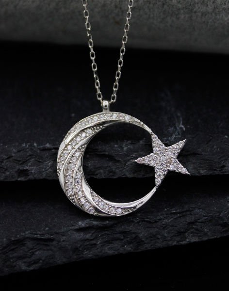 Zarif Tasarımlı Kaz Ayağı Elmas Modeli Ay Yıldız Kolye Rodyum Kaplama