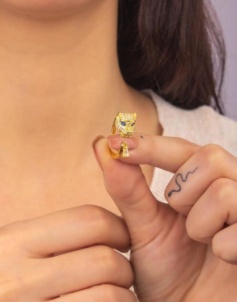 Zirkon Taşlı Gümüş Panter Yüzük 14 Ayar Altın Kaplama