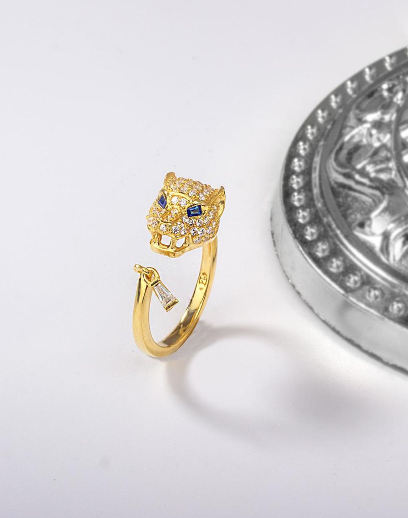 Zirkon Taşlı Gümüş Panter Yüzük 14 Ayar Altın Kaplama