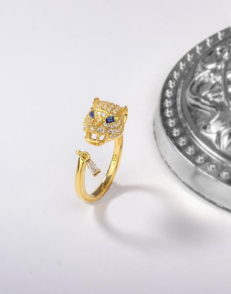 Zirkon Taşlı Gümüş Panter Yüzük 14 Ayar Altın Kaplama